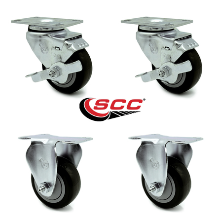 Service Caster 3 Inch Black Polyurethane Wheel Swivel Top Plate Caster Set with 2 Brake 2 Rigid SCC-20S314-PPUB-BLK-TLB-TP3-2-R-2